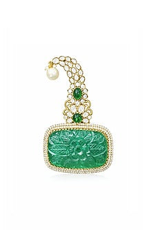 Gold Finish Emerald Carved Stone & CZ Stone Rectangle Brooch