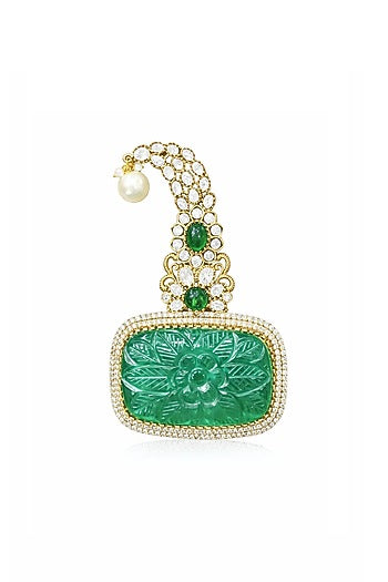 Gold Finish Emerald Carved Stone & CZ Stone Rectangle Brooch