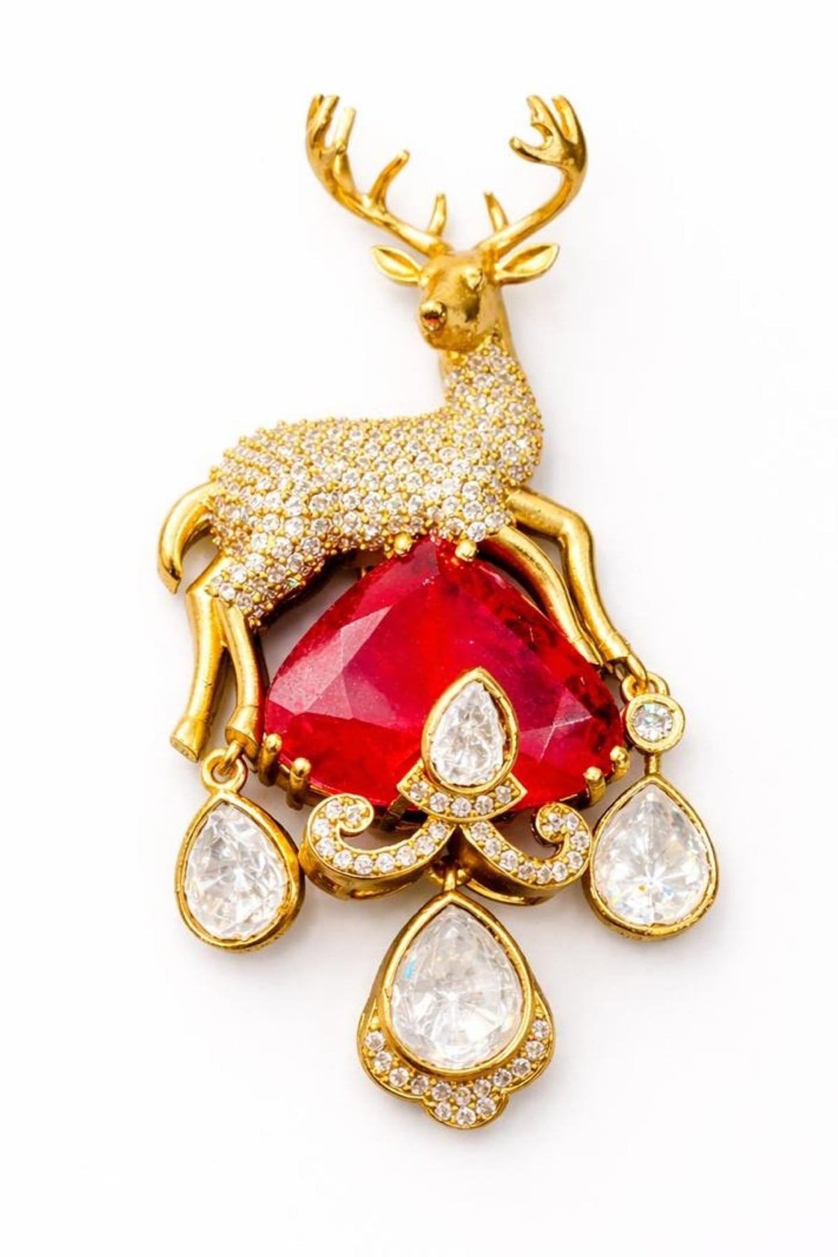 Gold Finish Moissanite & Ruby Antler Brooch
