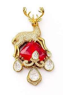 Gold Finish Moissanite & Ruby Antler Brooch
