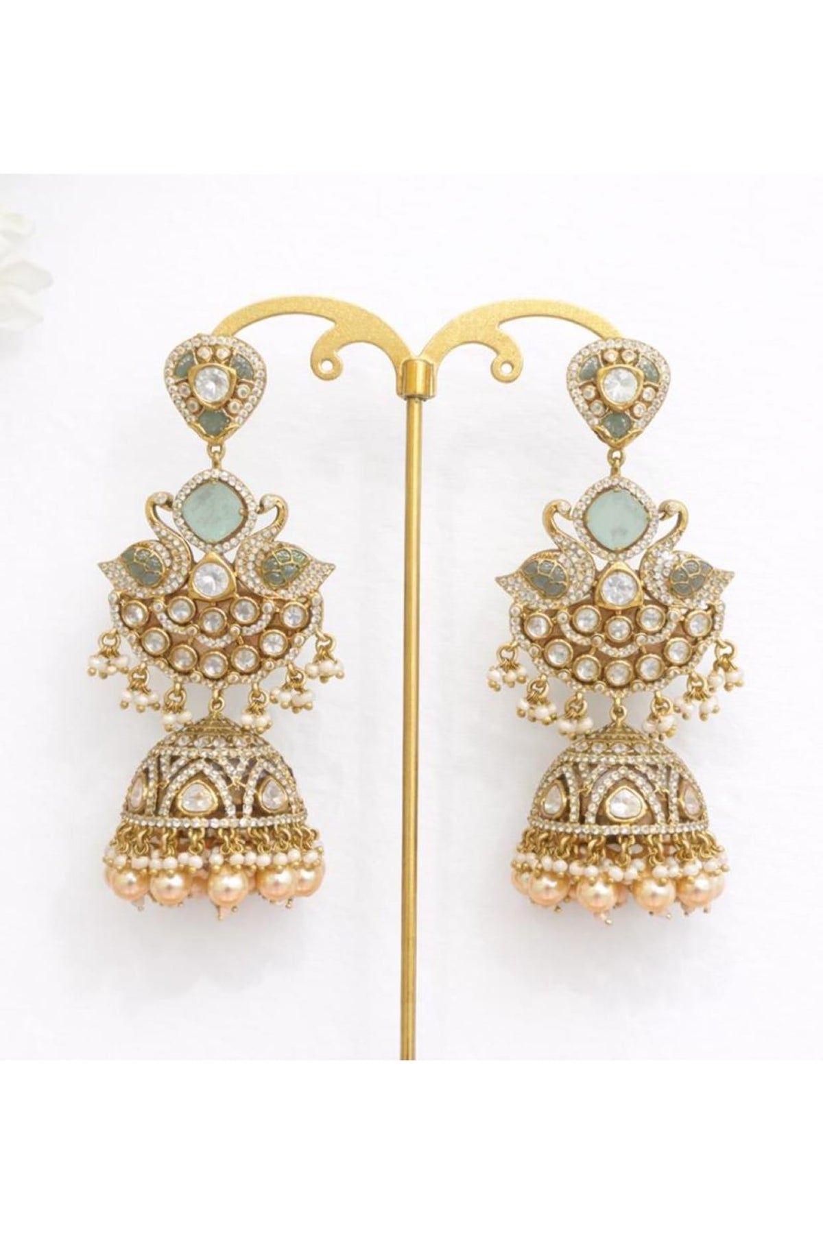 Gold Finish Moissanite Polki & Mint Green Stone Jhumka Earrings
