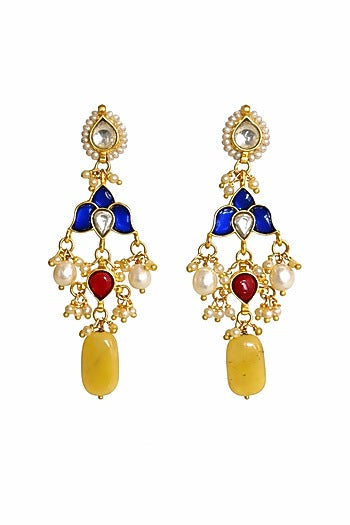 Gold Kundan Polki & Pearl Dangler Earrings