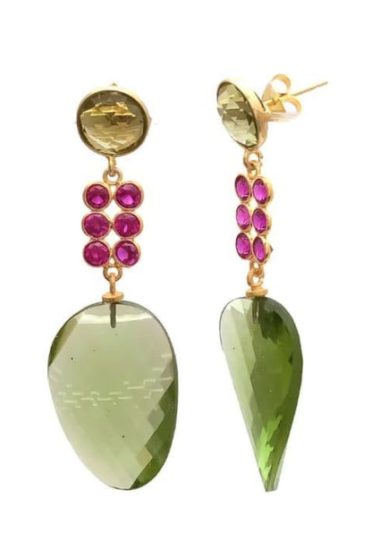 Gold Finish Peridot & Ruby Quartz Stone Dangler Earrings