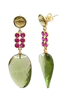 Gold Finish Peridot & Ruby Quartz Stone Dangler Earrings