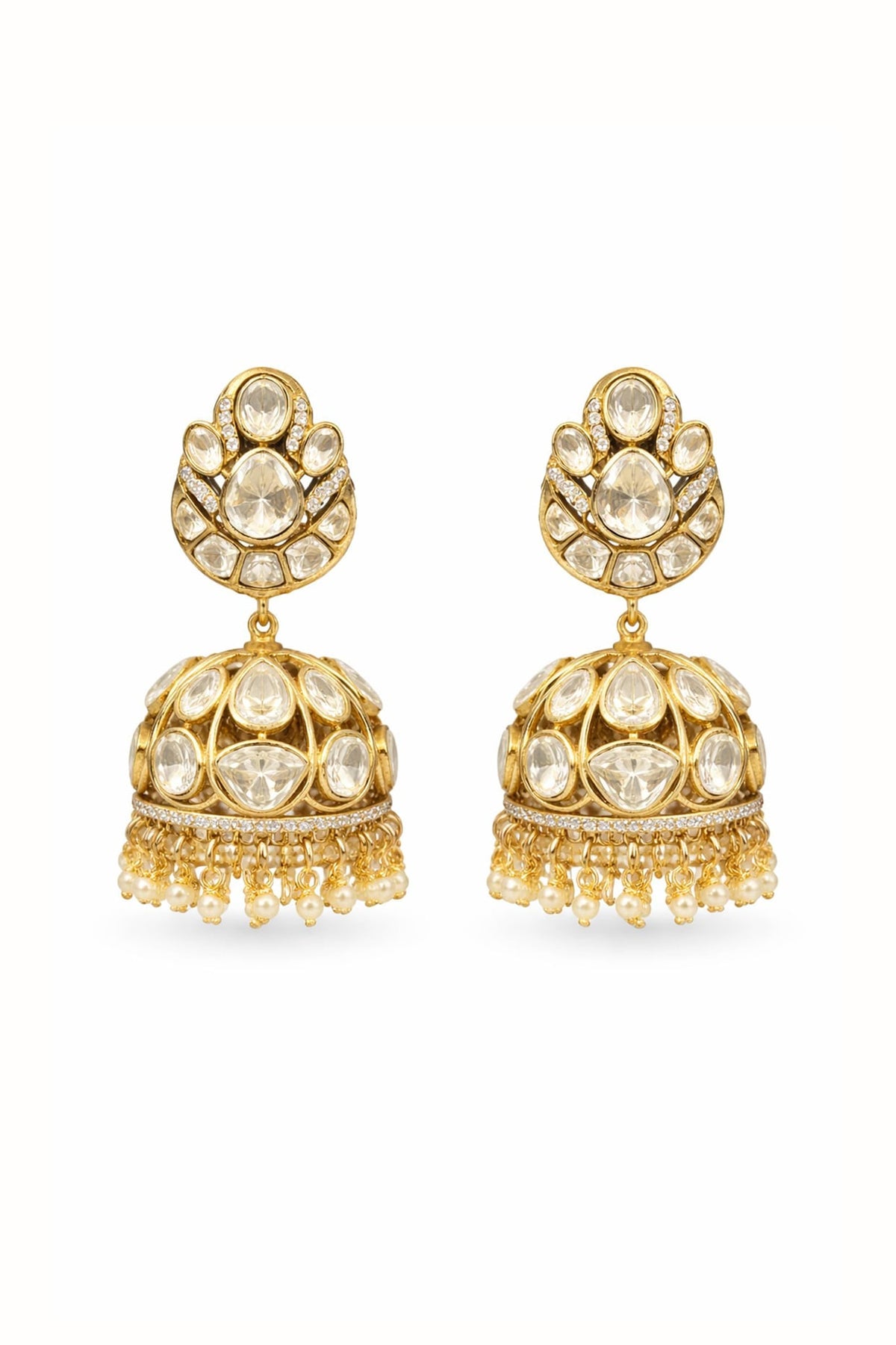Gold Finish Moissanite Polki & CZ Stone Jhumka Earrings