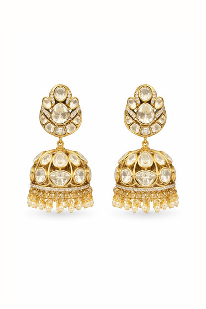 Gold Finish Moissanite Polki & CZ Stone Jhumka Earrings