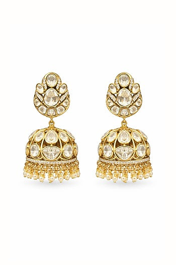 Gold Finish Moissanite Polki & CZ Stone Jhumka Earrings