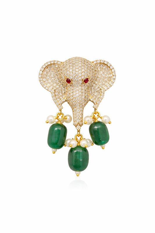 Gold Finish CZ Stone & Emerald Beaded Elephant Brooch