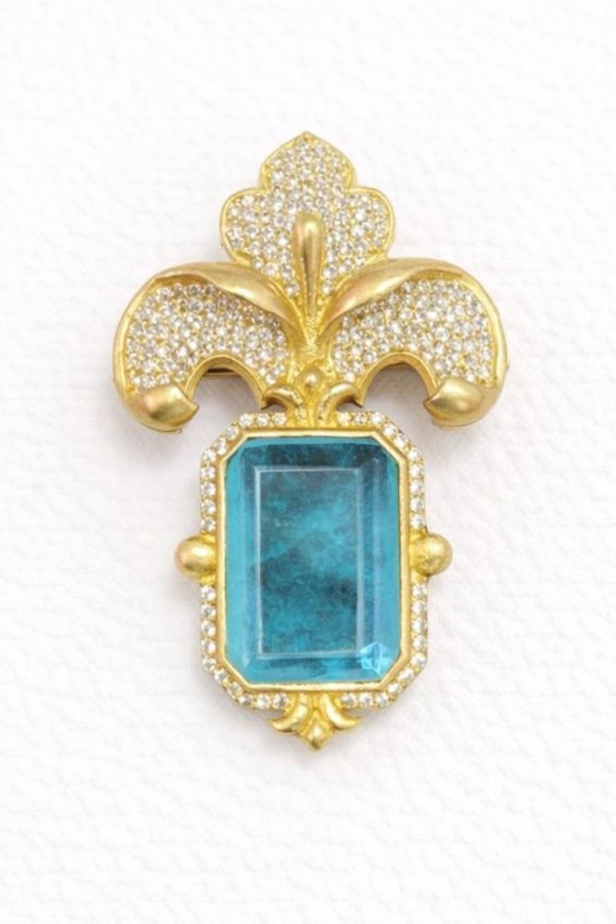 Gold Finish Aqua Blue Doublet & CZ Stone Orchid Petal Brooch