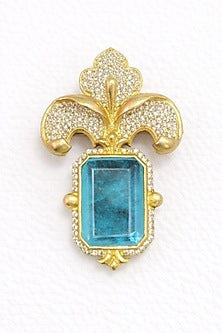 Gold Finish Aqua Blue Doublet & CZ Stone Orchid Petal Brooch