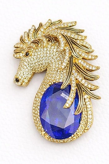Gold Finish Blue Sapphire & CZ Stone Horse Brooch