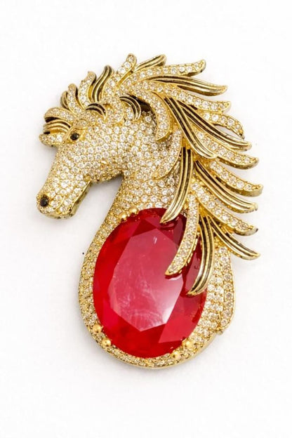 Gold Finish Ruby Doublet & CZ Stone Horse Brooch