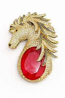 Gold Finish Ruby Doublet & CZ Stone Horse Brooch