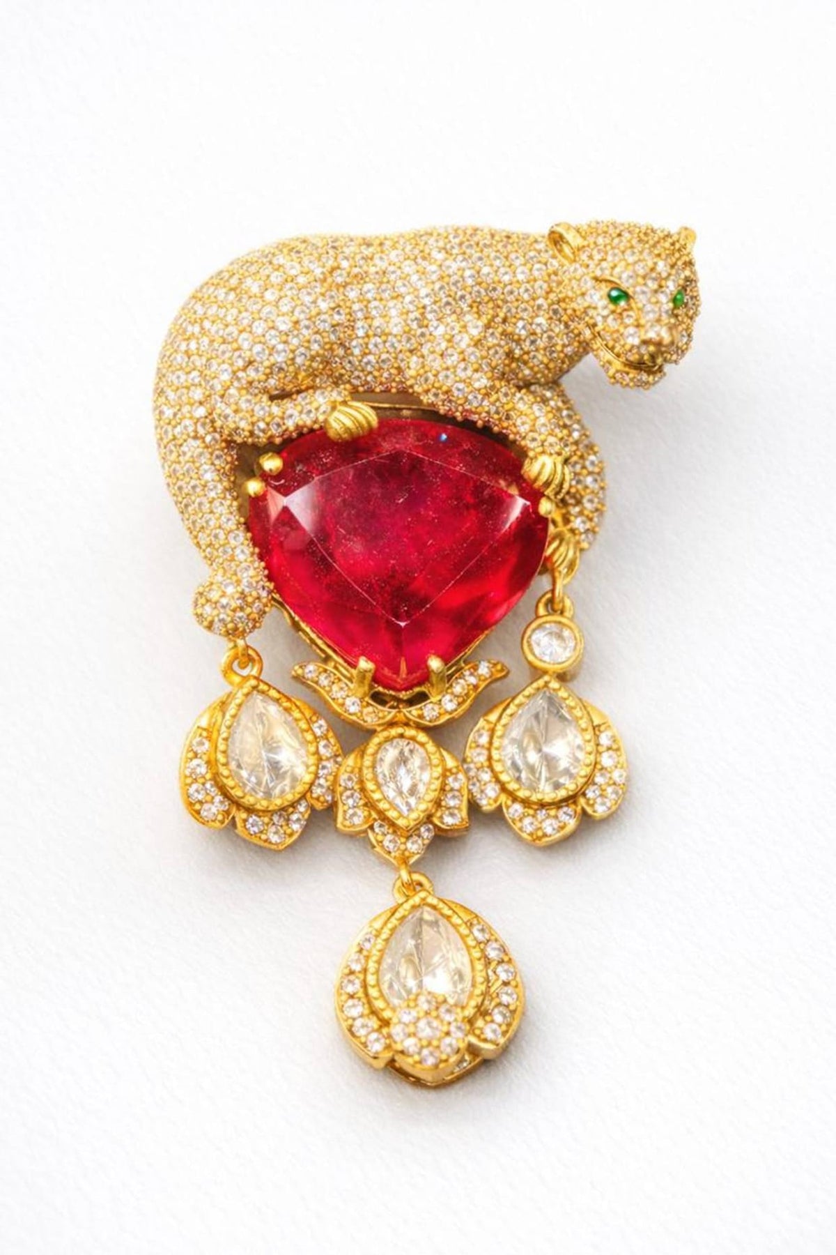Gold Finish Moissanite & Ruby Doublet Panther Brooch