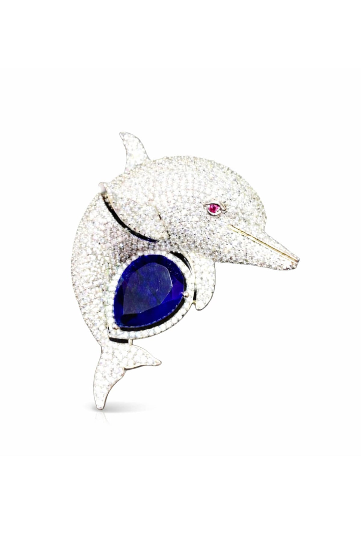 Gold Finish Blue Sapphire & CZ Stone Dolphin Brooch