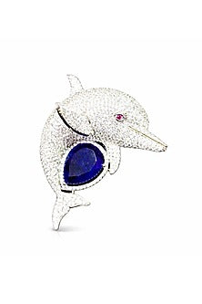 Gold Finish Blue Sapphire & CZ Stone Dolphin Brooch