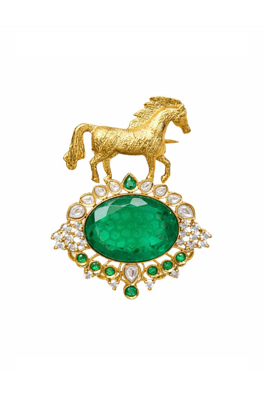 Gold Finish Emerald Doublet & Kundan Polki Horse Brooch