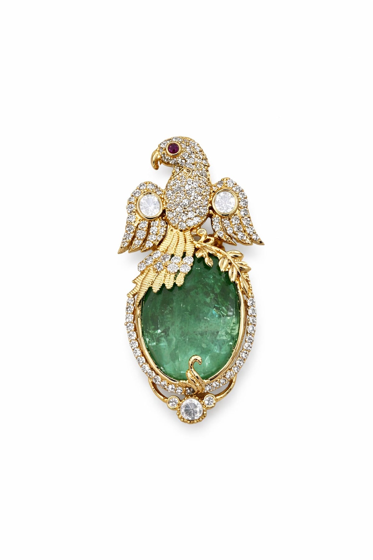 Gold Finish Moissanite & Emerald Doublet Bird Brooch