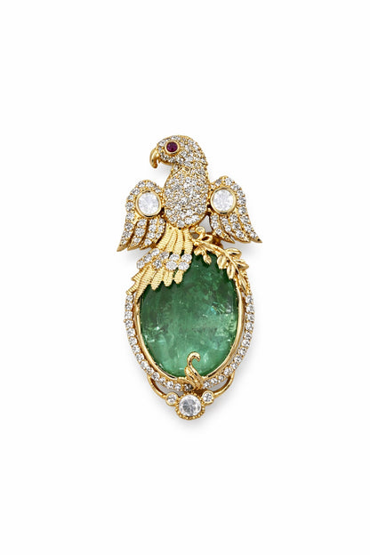 Gold Finish Moissanite & Emerald Doublet Bird Brooch