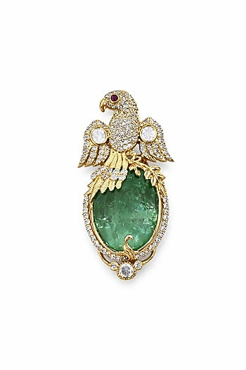 Gold Finish Moissanite & Emerald Doublet Bird Brooch