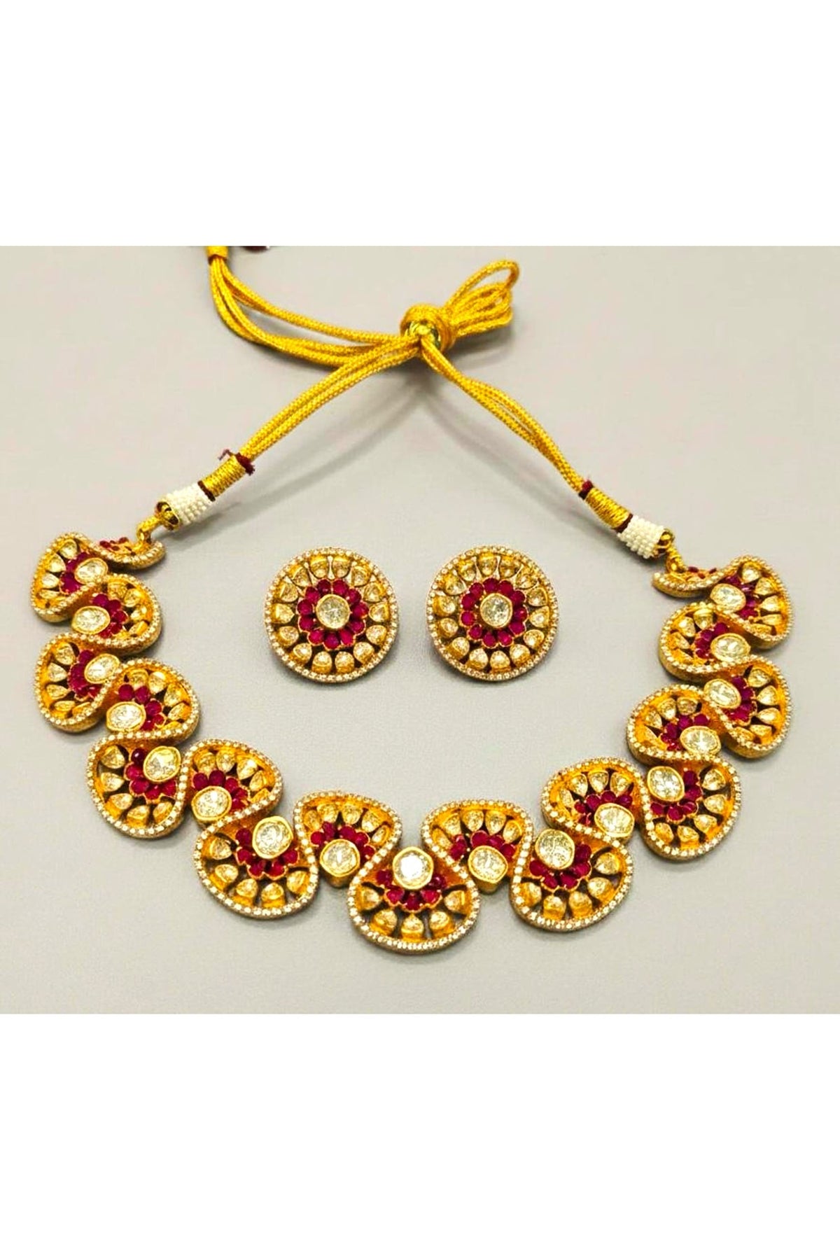 Gold Plated Moissanite & Ruby Stone Necklace Set