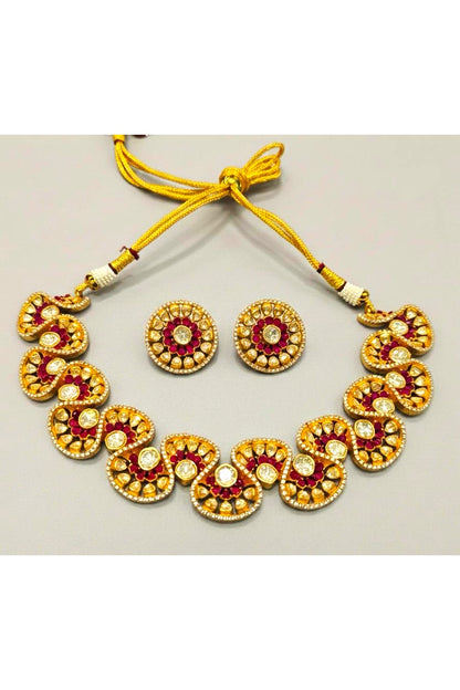Gold Plated Moissanite & Ruby Stone Necklace Set