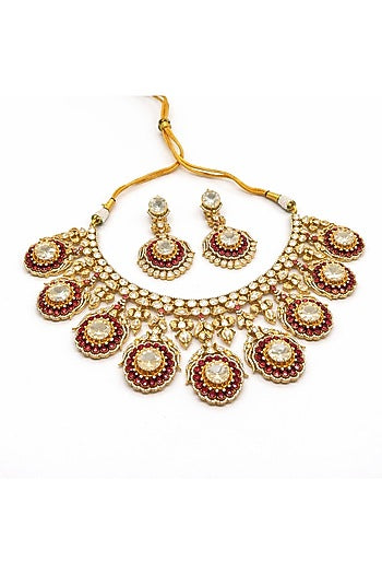 Gold Plated Moissanite & Ruby Stone Necklace Set
