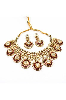 Gold Plated Moissanite & Ruby Stone Necklace Set