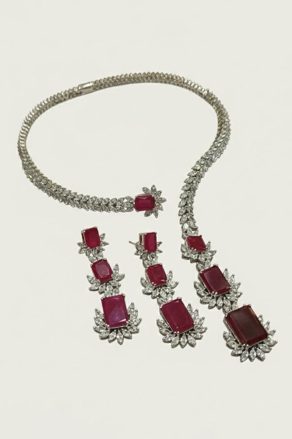 White Rhodium Finish Ruby & CZ Stone Open Necklace Set
