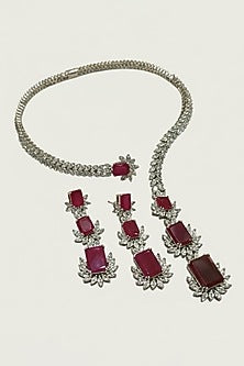 White Rhodium Finish Ruby & CZ Stone Open Necklace Set