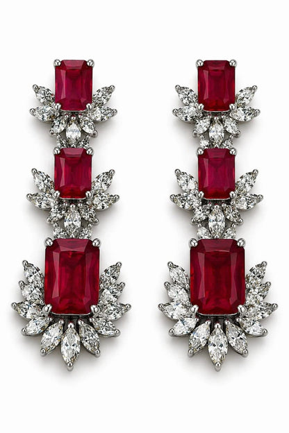White Rhodium Finish Ruby & CZ Stone Open Necklace Set