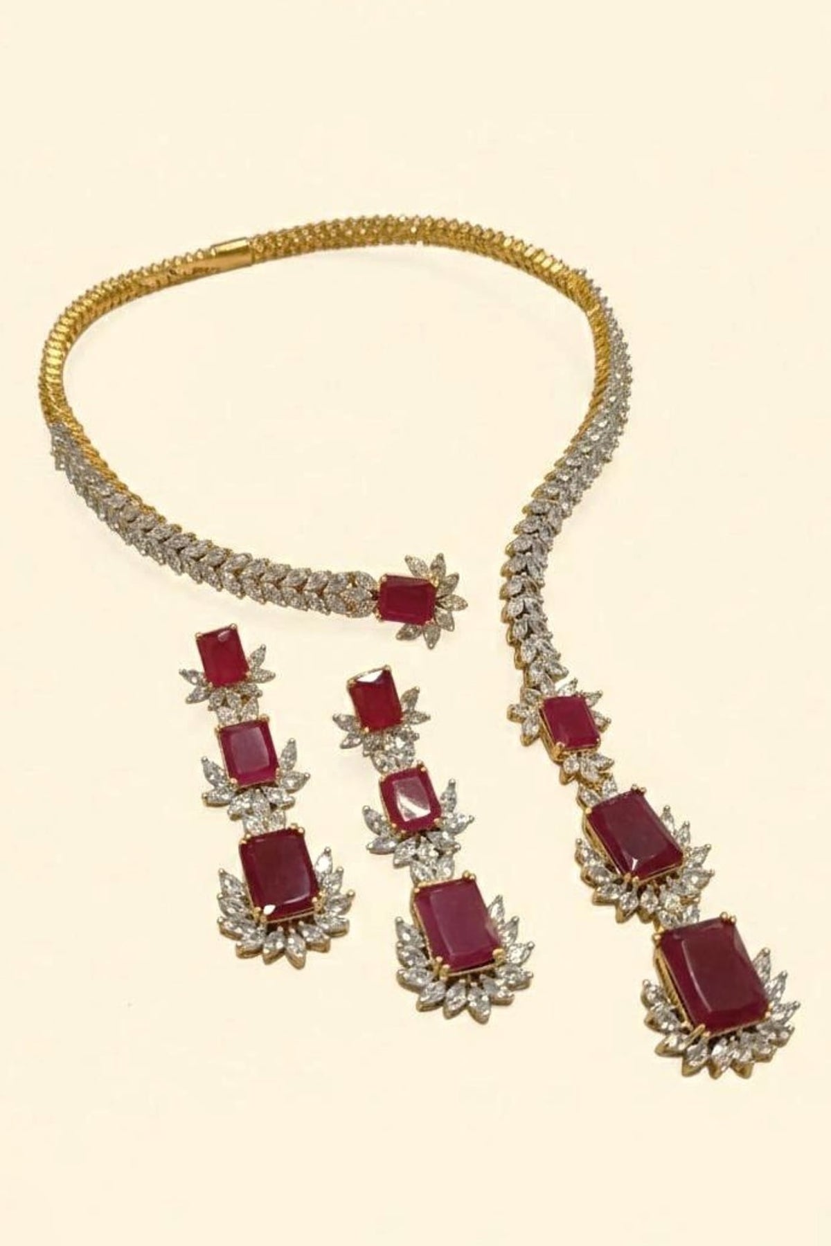 Gold Finish Ruby Doublet & CZ Stone Open Necklace Set