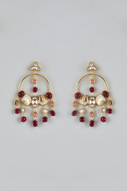 Gold Finish Kundan Polki & Ruby Beaded Chandbali Earrings