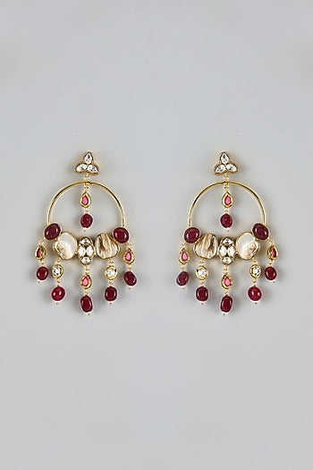 Gold Finish Kundan Polki & Ruby Beaded Chandbali Earrings