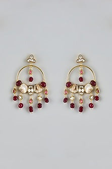 Gold Finish Kundan Polki & Ruby Beaded Chandbali Earrings