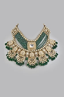 Gold Finish Kundan Polki & Green Onyx Handmade Necklace Set