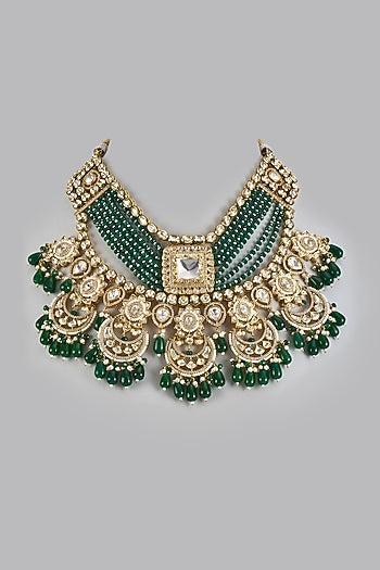 Gold Finish Kundan Polki & Green Onyx Handmade Necklace Set
