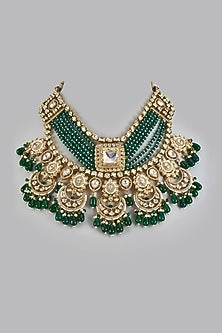 Gold Finish Kundan Polki & Green Onyx Handmade Necklace Set