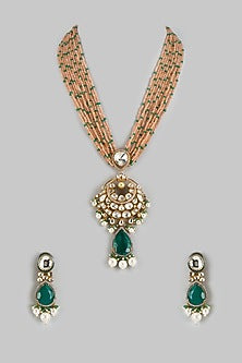 Gold Finish Kundan Polki & Emerald Doublet Stone Long Necklace Set
