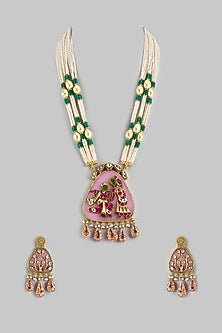 Gold Finish Pearl & Emerald Agate Beaded Long Temple Necklace Set