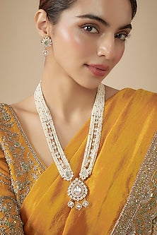 Gold Finish Kundan Polki & Pearl Beaded Long Necklace Set