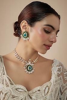 Gold Finish Moissanite & Emerald Cabochon Stone Handcrafted Necklace Set