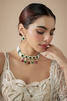 Gold Finish Emerald Doublet & CZ Stone Choker Necklace Set