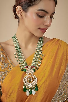 Gold Finish Moissanite Stone & Freshwater Pearl Long Necklace
