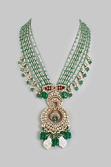 Gold Finish Moissanite Stone & Freshwater Pearl Long Necklace
