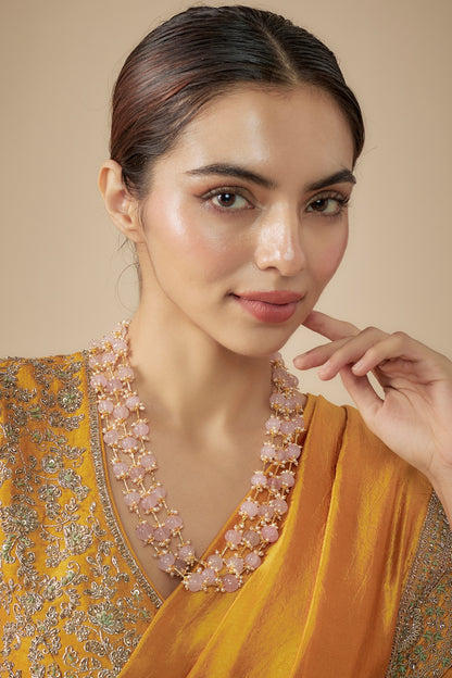 Gold Finish Rose Stone & Beaded Layered Necklace