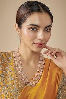 Gold Finish Rose Stone & Beaded Layered Necklace