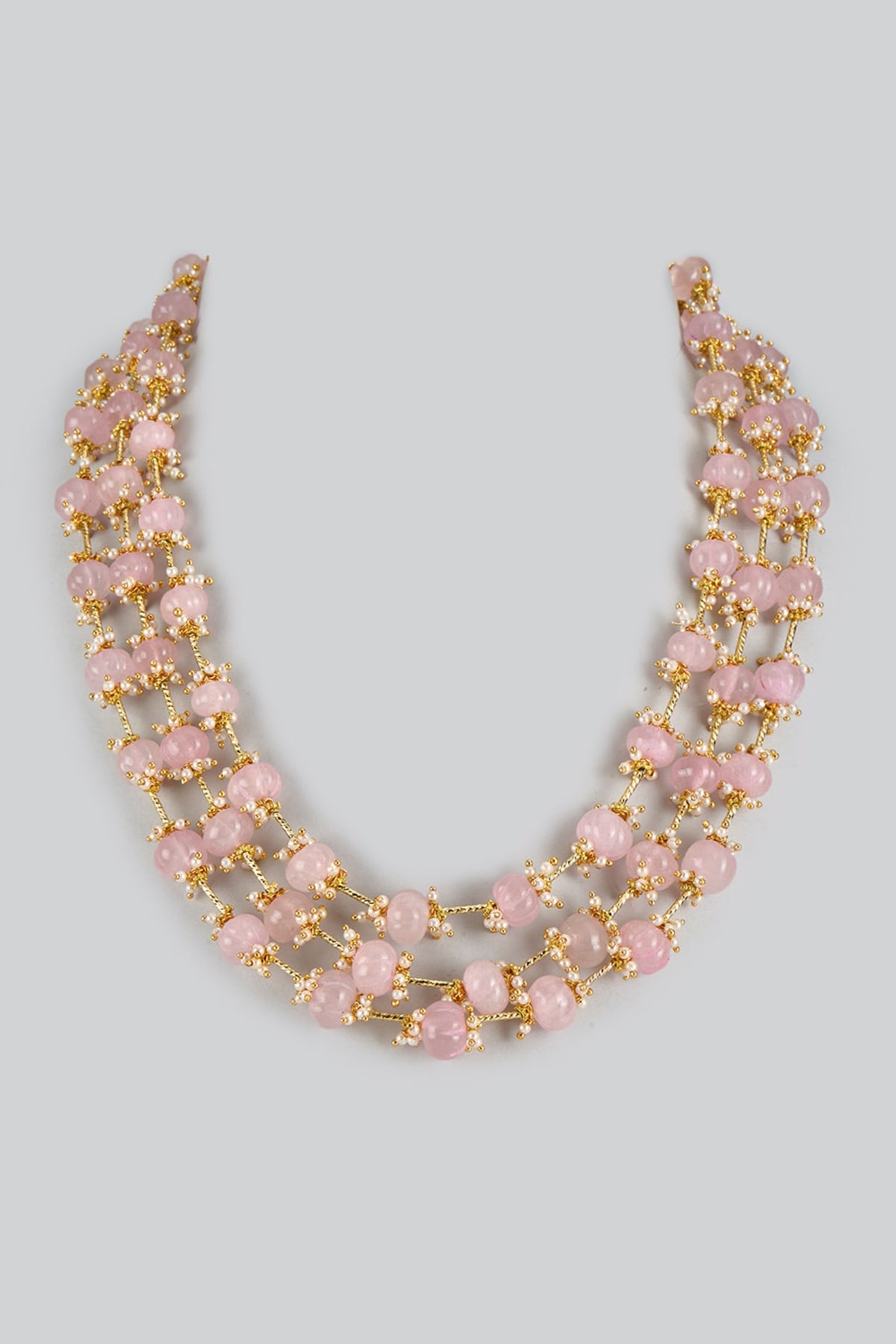 Gold Finish Rose Stone & Beaded Layered Necklace