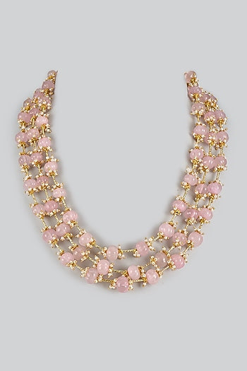 Gold Finish Rose Stone & Beaded Layered Necklace