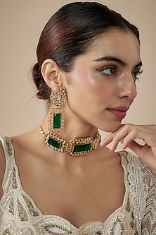 Gold Finish Kundan Polki & Emerald Stone Choker Necklace Set